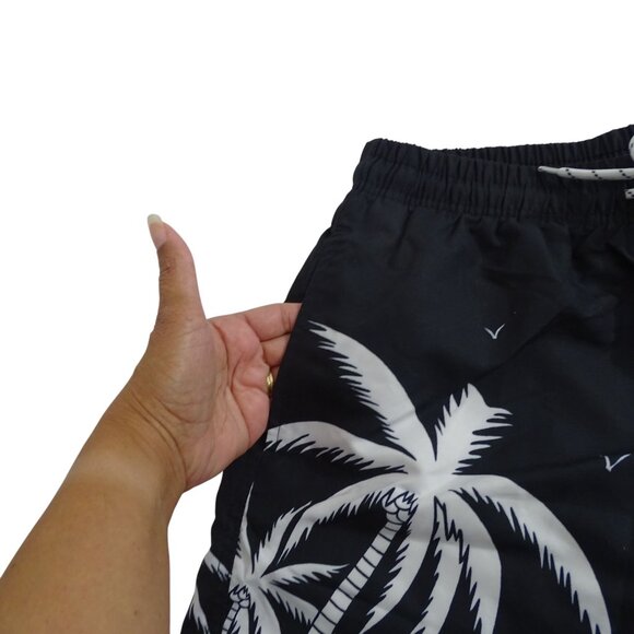 Shein Black Tropical Swim Trunks Palm Tree Print Men Size M Mesh Liner Pockets - Picture 3 of 14